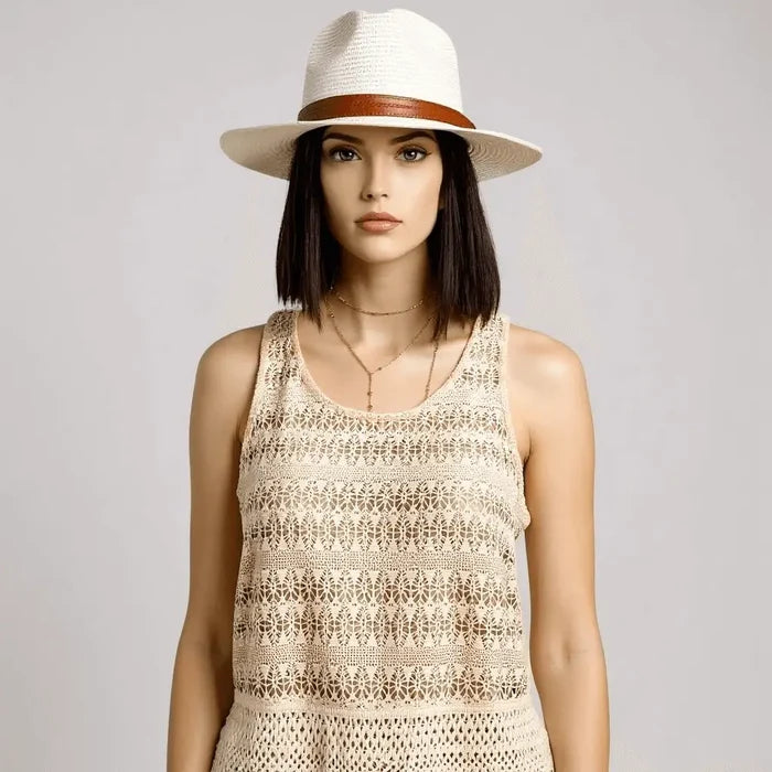 White straw classic panama sun hat with wide brim and double leather strap – summer resort wear sun protection, foldable