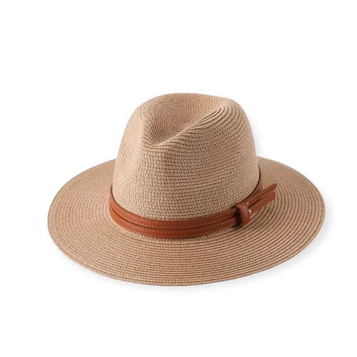 brown straw classic panama sun hat with wide brim and double leather strap – summer resort wear sun protection, foldable