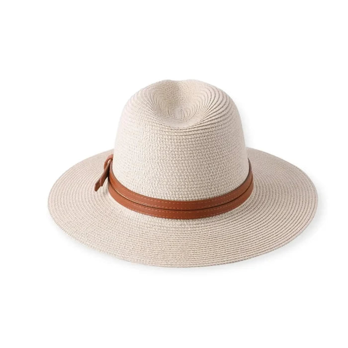 Straw Classic Panama Sun Hat in White with Foldable Wide Brim and Leather Band back view