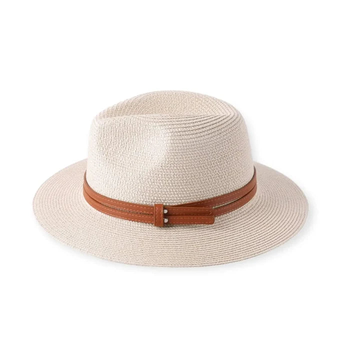 white straw classic panama sun hat with wide brim and double leather strap – summer resort wear sun protection, foldable side view on counter