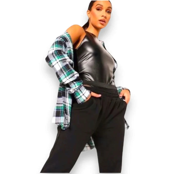 Street Chic Oversized Button Up Flannel Shirt women's long sleeve, chest pocket, button cuffs with shirt tail hemline