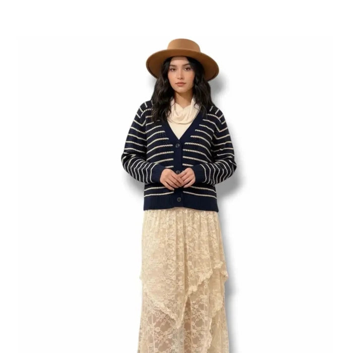plus size blue and tan striped button up cropped knitted cardigan with v neckline and long sleeves