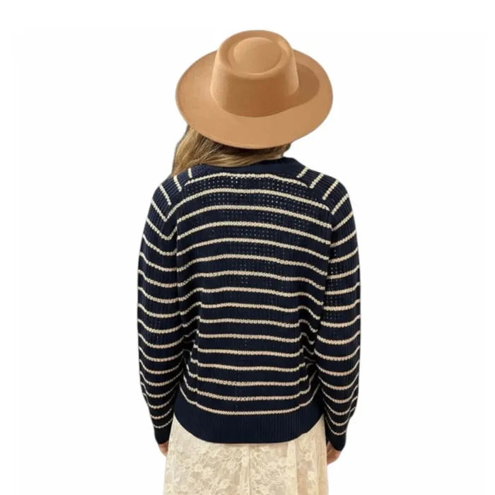 plus size blue and tan striped button up cropped knitted cardigan with v neckline and long sleeves