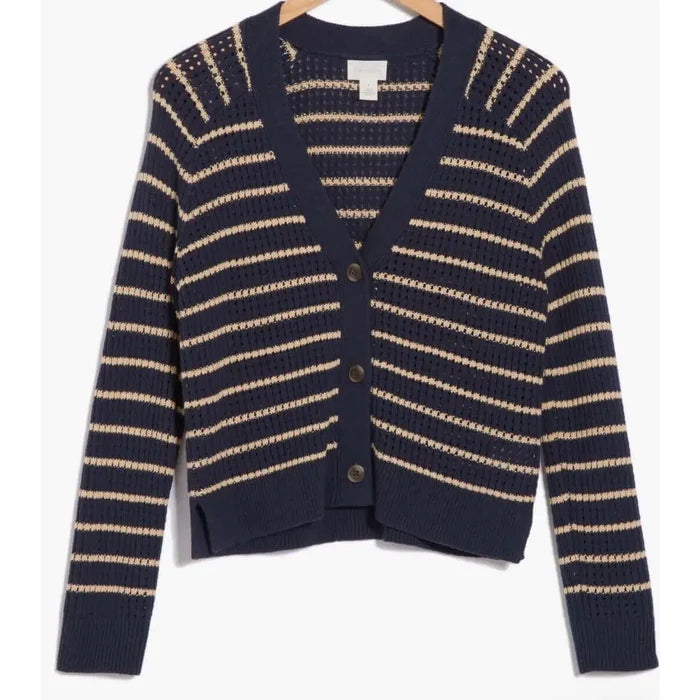 plus size blue and tan striped button up cropped knitted cardigan with v neckline and long sleeves