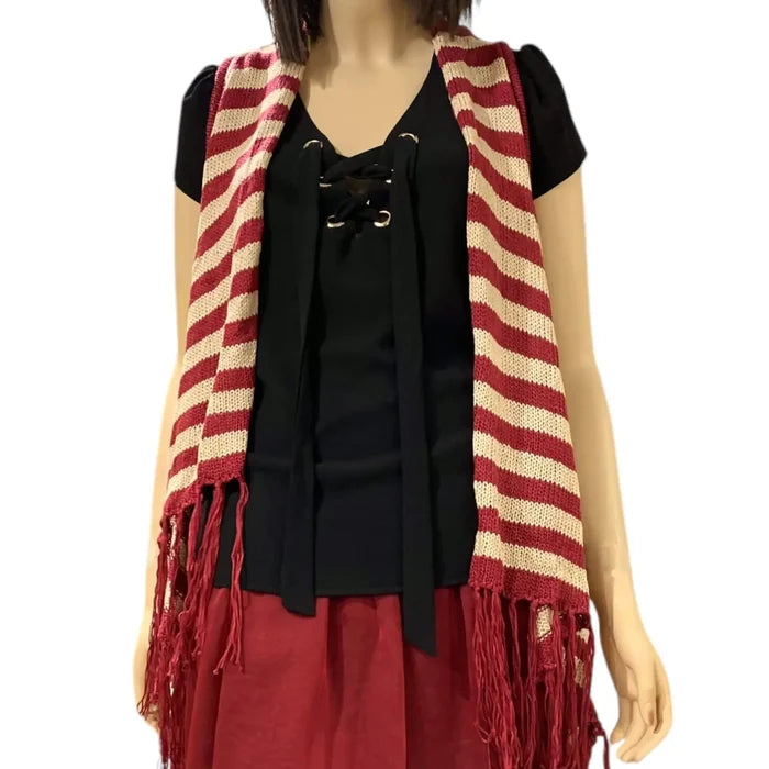 Striped western knitted fringe vest in ivory and red with sleeveless open front, tribal diamond back design, and asymmetrical high-low tassel hem, size S/M