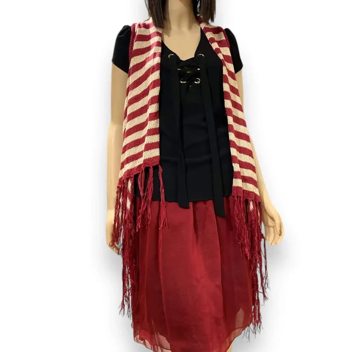 Striped western knitted fringe vest in ivory and red with sleeveless open front, tribal diamond back design, and asymmetrical high-low tassel hem, size S/M