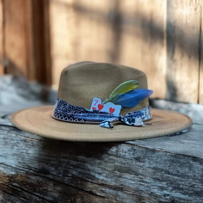 Stylish Brown Burnt Wild West Fedora Hat with wide brim and bandana feather trim / one size/ unisex