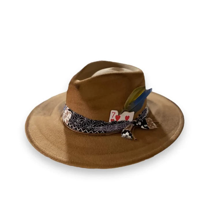 Stylish Brown Burnt Wild West Fedora Hat with wide brim and bandana feather trim / one size/ unisex