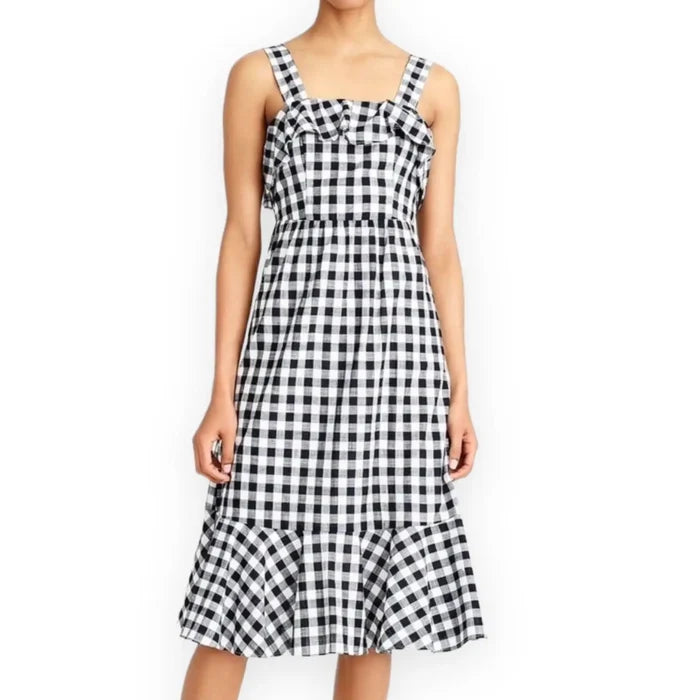 Black and white gingham ruffle midi dress with square neckline