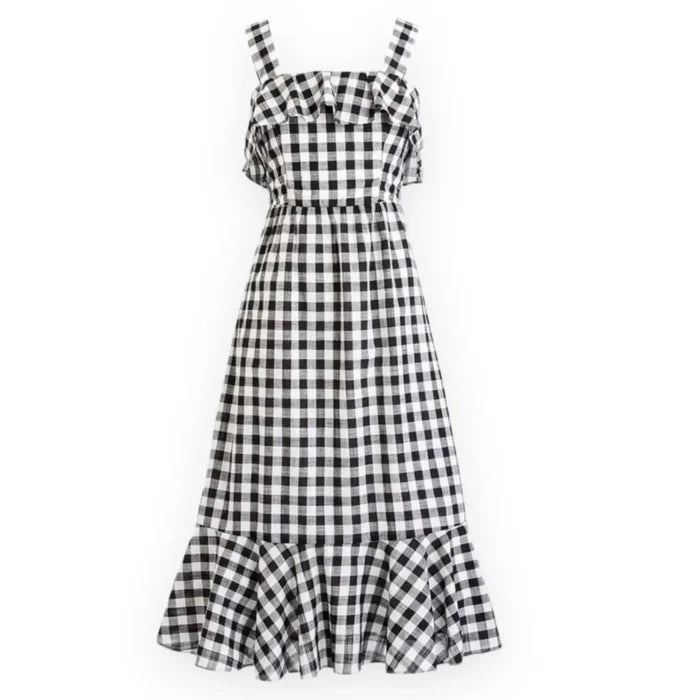 Sleeveless gingham midi dress with wide straps and ruffle overlay
