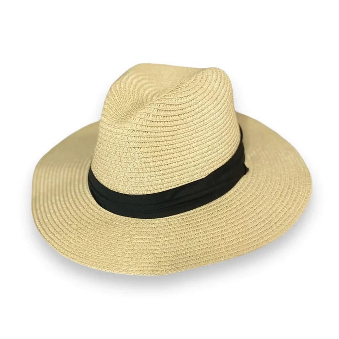 Classic summer fedora hat in natural straw with elegant black band, ideal for outdoor adventures and festivals.