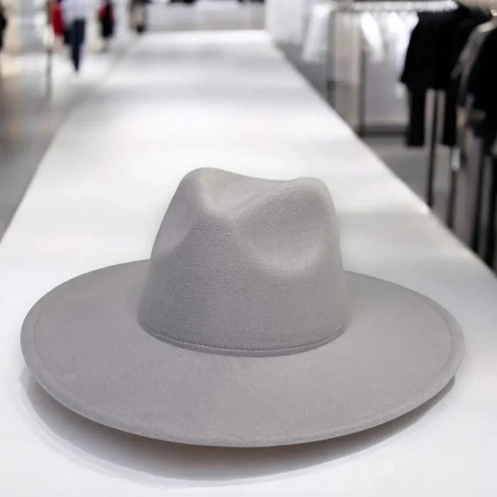 Soft gray tall teardrop crown wide brim stylish stylish fedora hat