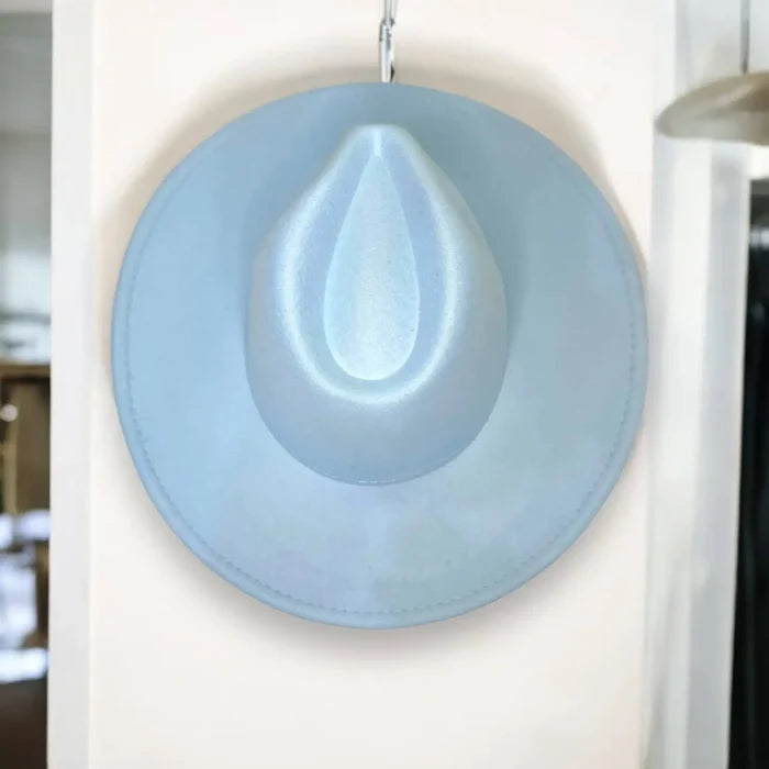 Light blue tall teardrop crown wide brim stylish stylish fedora hat hanging on wall