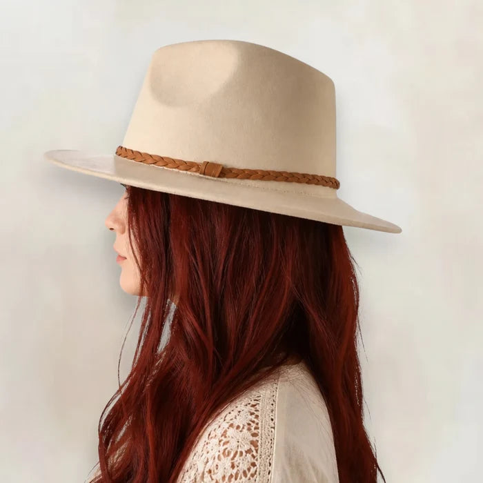 Woman wearing beige Suede Leather Band Fedora Hat with faux suede finish and braided leather rope band / one size / unisex