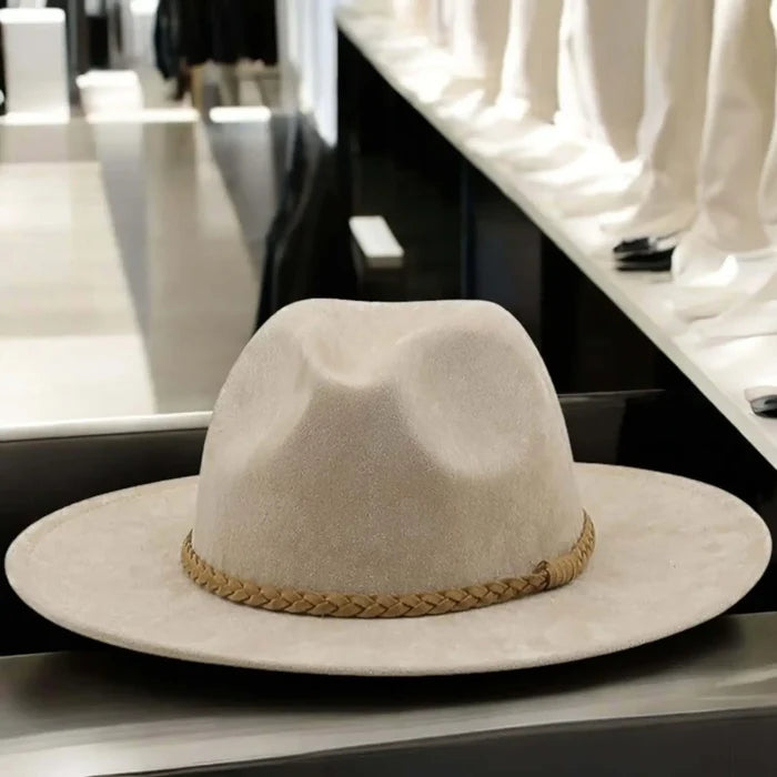 Buckskin Suede Leather Band Fedora Hat with faux suede finish and braided leather rope band / one size / unisex