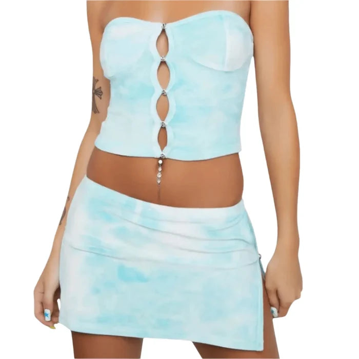 woman wearing Summer Blue White Two Piece Set Mini Skirt Crop Top velvet / Dolls Kill / medium or large