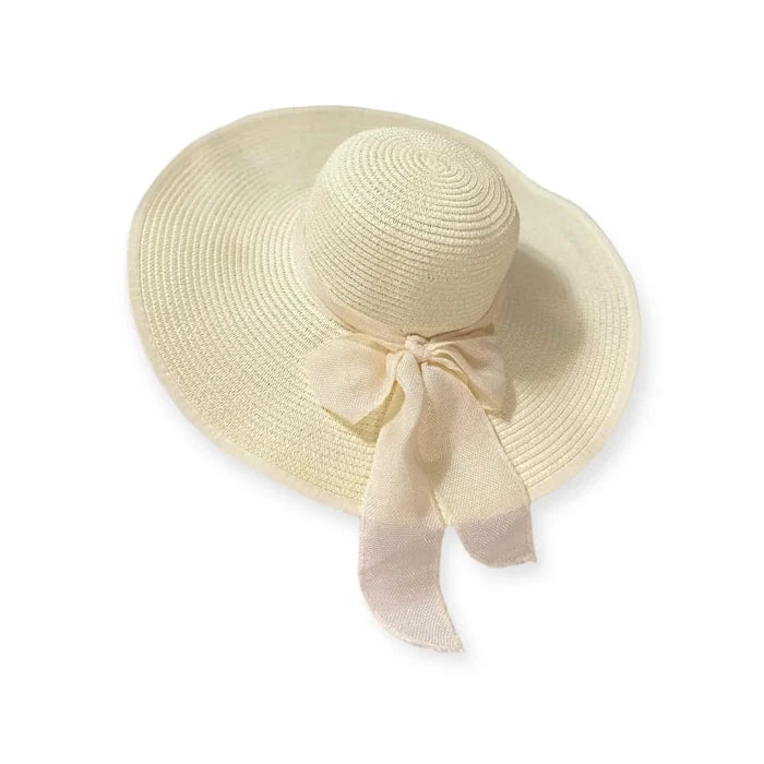 Summer wide brim straw sun hat with linen bow and UPF 50+ protection, perfect for boho chic beach style.