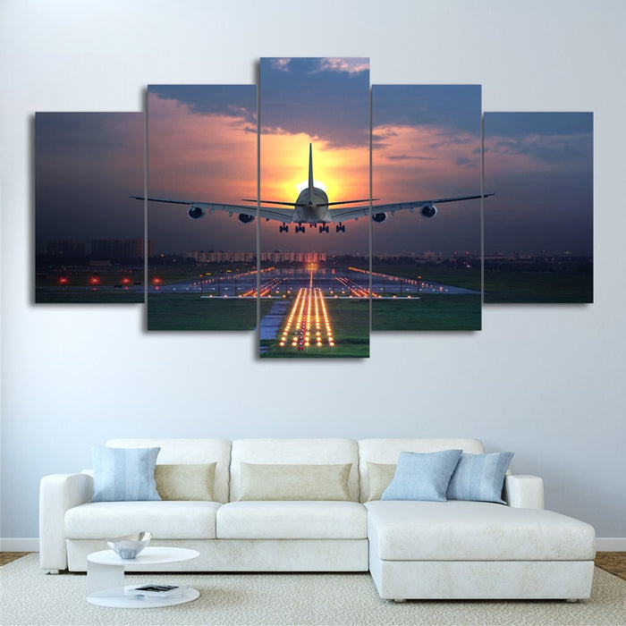 Sunset Airplane Lawn airport Wall Art Canvas Printing - BlueArtDecor