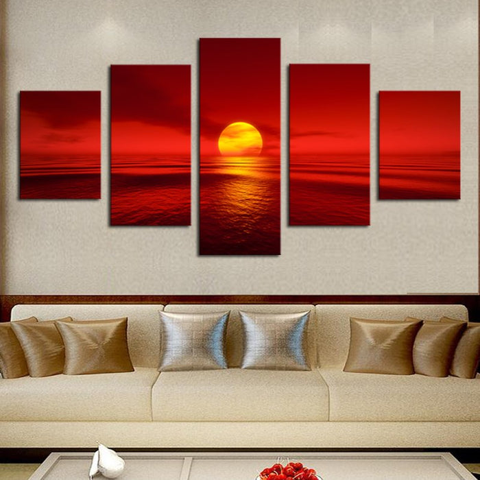 Sunset Red Sun Seascape Wall Art Decor Canvas Printing - BlueArtDecor