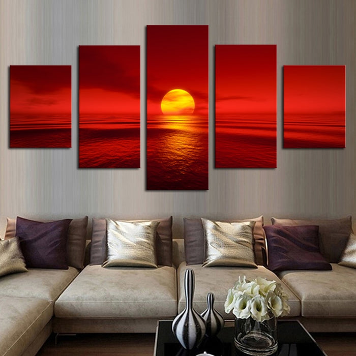 Sunset Red Sun Seascape Wall Art Decor Canvas Printing - BlueArtDecor