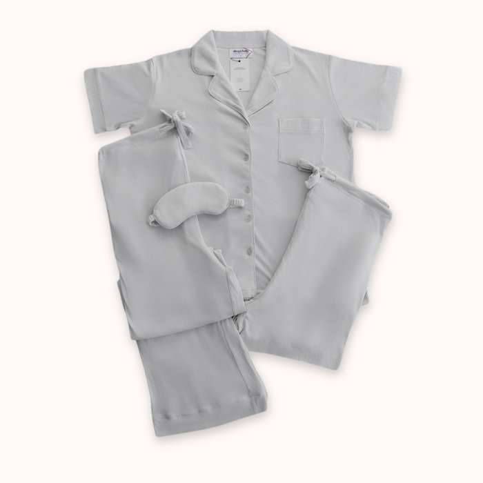 Grey maternity pyjama set with matching eye mask and drawstring bag, part of the Ultimate Sleep Bundle