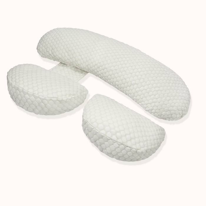 White adjustable three-piece pregnancy pillow from the Sleepybelly Ultimate Sleep Bundle