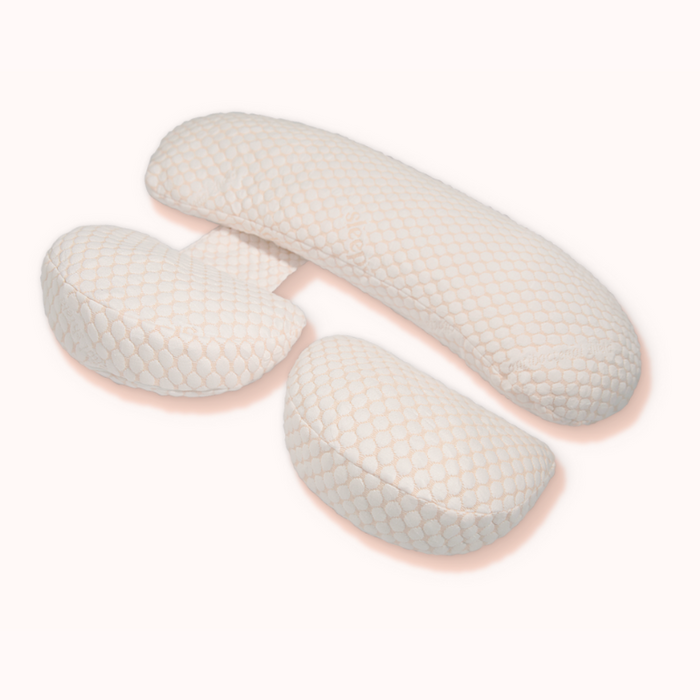 Linen grey three-piece adjustable pregnancy pillow set included in the Sleepybelly Ultimate Sleep Bundle