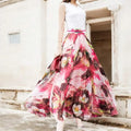 Sweet Pink Floral Maxi Skirt with white lily print – chiffon boho summer skirt