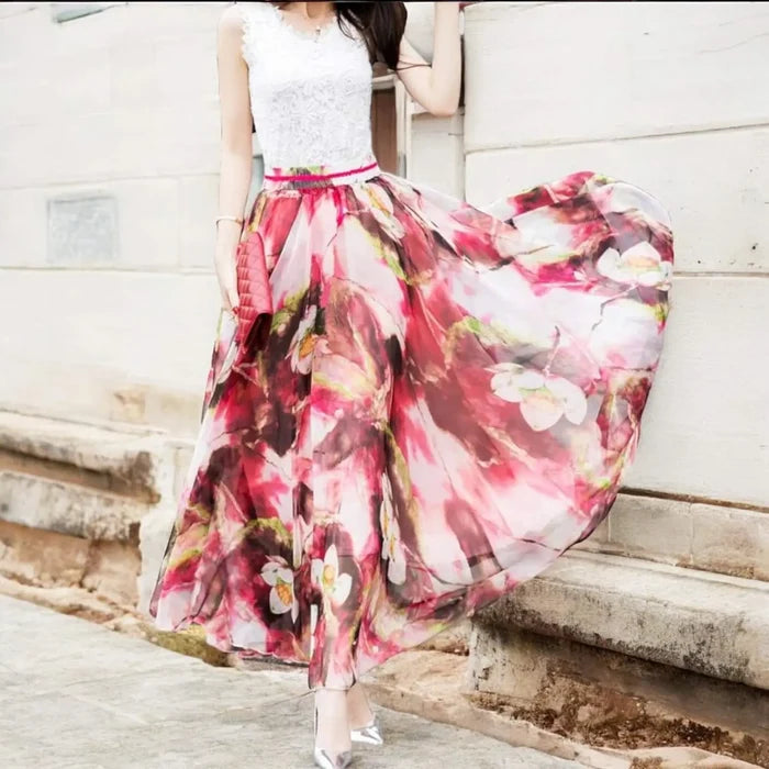 Sweet Pink Floral Maxi Skirt with white lily print – chiffon boho summer skirt