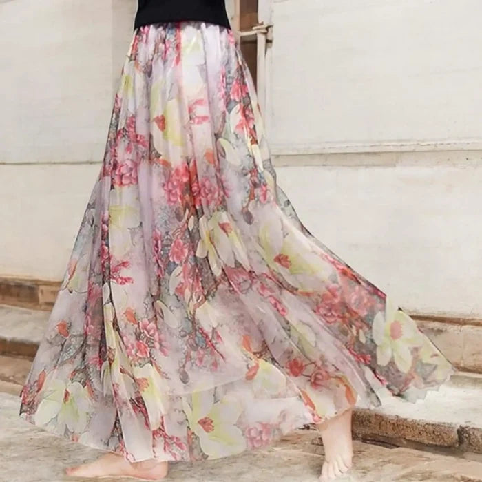 Pink and yellow floral chiffon maxi skirt – boho flowy A-line with elastic waist