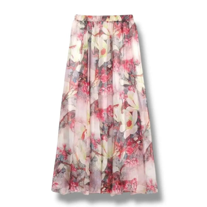 Pink and yellow floral chiffon maxi skirt – boho flowy A-line with elastic waist