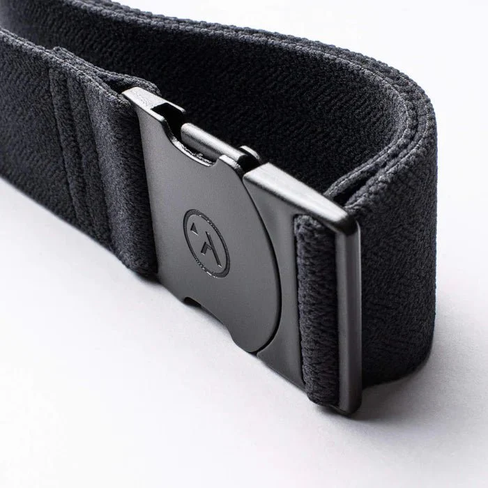 Black belt with a silver buckle on a white background
