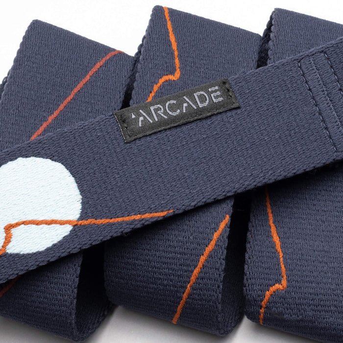 Dark blue woven strap with orange accents and 'Arcade' brand label on a white background