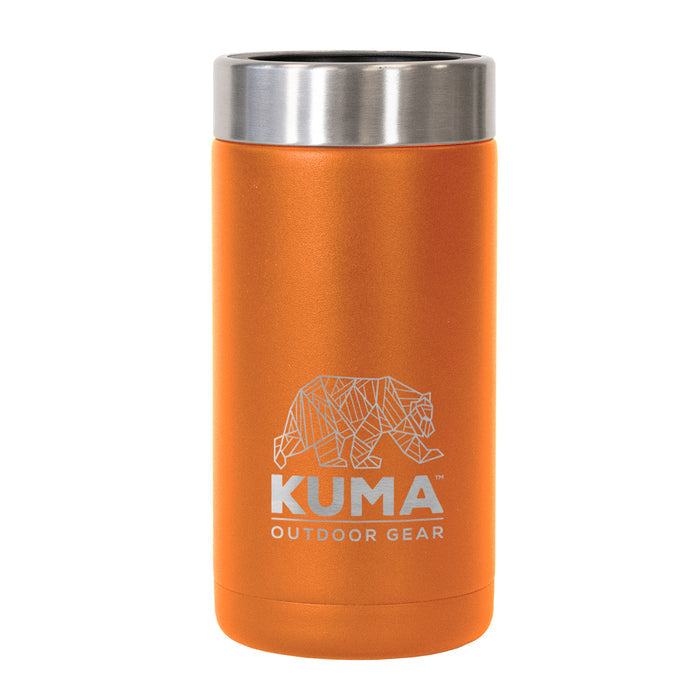 Orange insulated tumbler with silver lid and Kuma Outdoor Gear logo on a white background