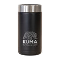 Black insulated tumbler with silver lid featuring Kuma Outdoor Gear logo on a white background