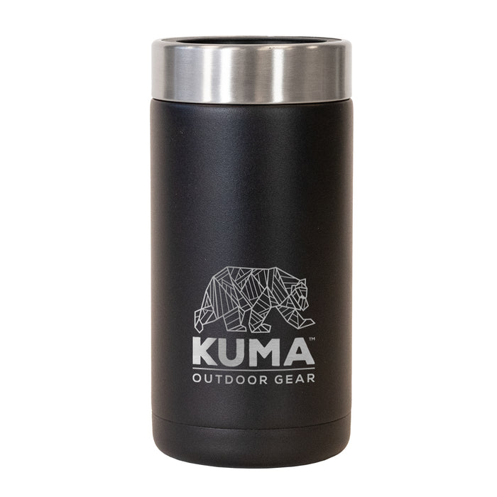 Black insulated tumbler with silver lid featuring Kuma Outdoor Gear logo on a white background