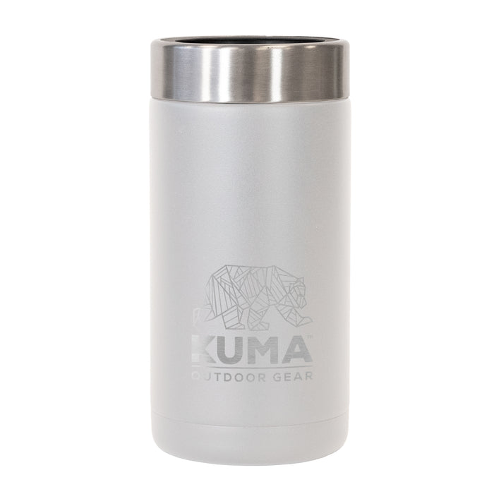 White insulated tumbler with silver lid featuring Kuma Outdoor Gear logo on a white background
