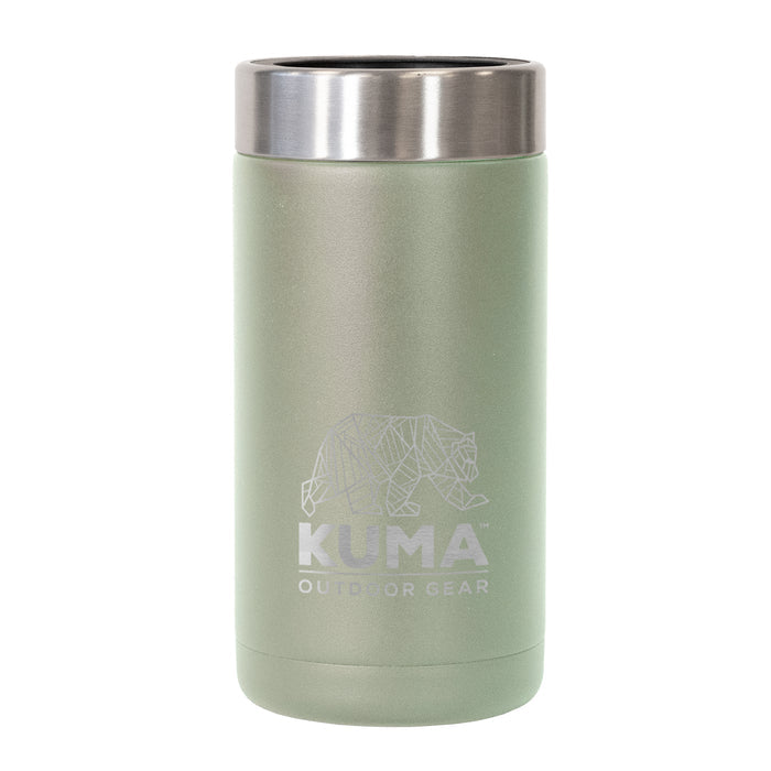 Green insulated tumbler with silver lid featuring Kuma Outdoor Gear logo on a white background