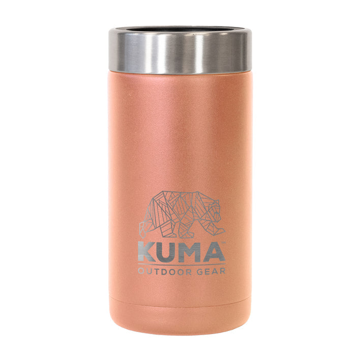 Copper-colored tumbler with a silver lid featuring the Kuma Outdoor Gear logo on a white background.