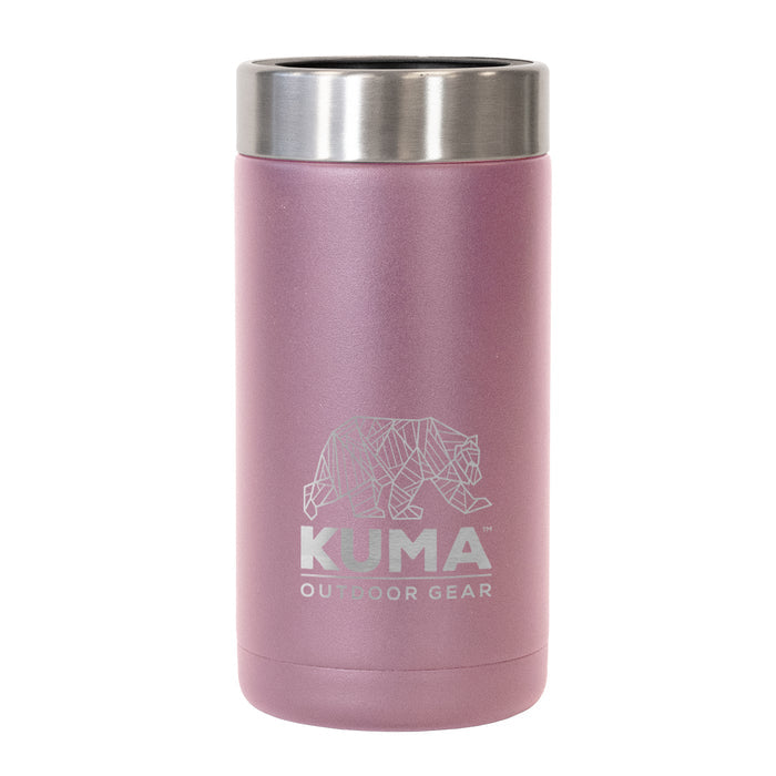 Pink insulated tumbler with silver lid featuring Kuma Outdoor Gear logo on a white background