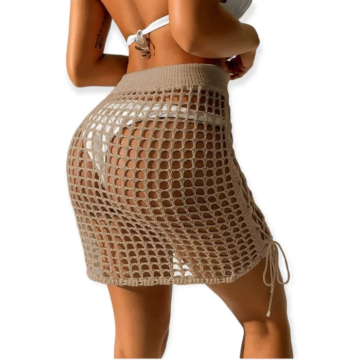 Tan High Waist Open Knit Side Tie Beach Mini Skirt with crochet mesh and lace-up sides / medium / women's