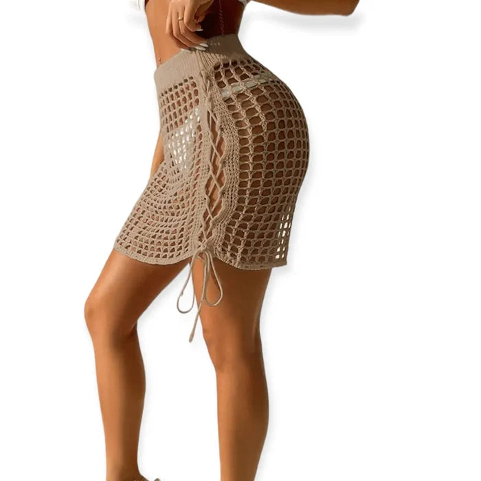 Tan High Waist Open Knit Side Tie Beach Mini Skirt with crochet mesh and lace-up sides / medium / women's