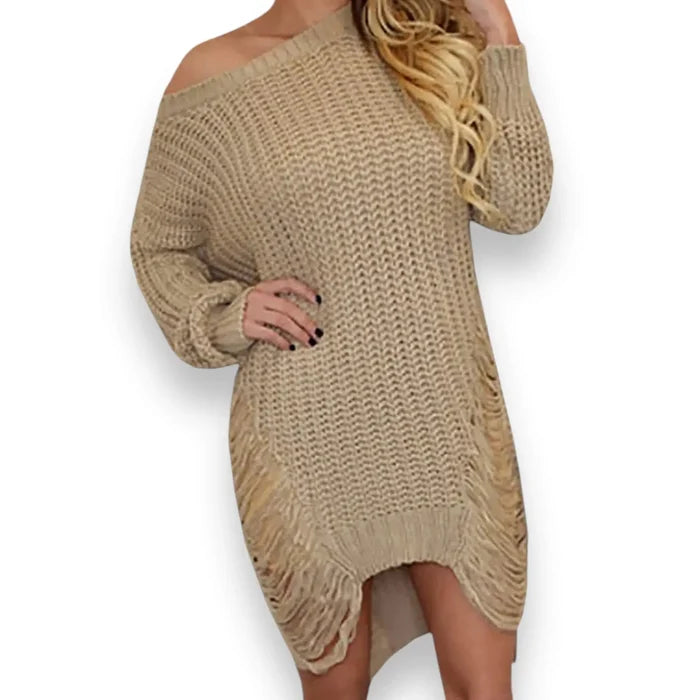 Tan Long Sleeve Frayed Sweater Tunic