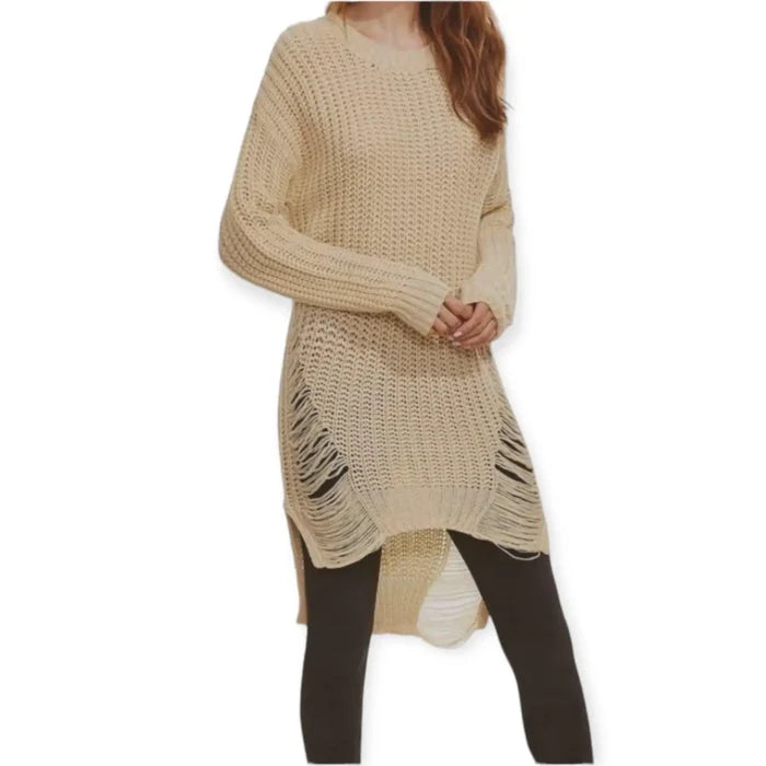 Tan Long Sleeve Frayed Sweater Tunic