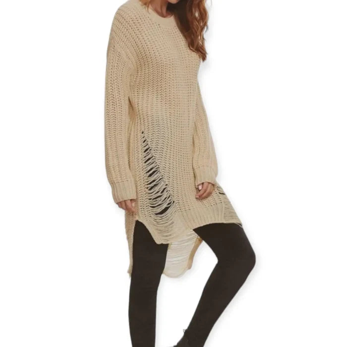 Tan Long Sleeve Frayed Sweater Tunic
