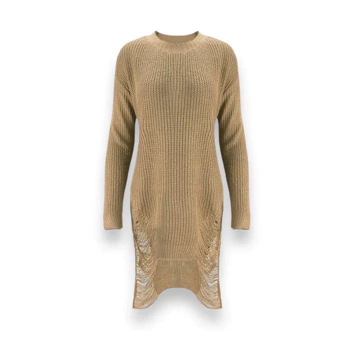 Tan Long Sleeve Frayed Sweater Tunic