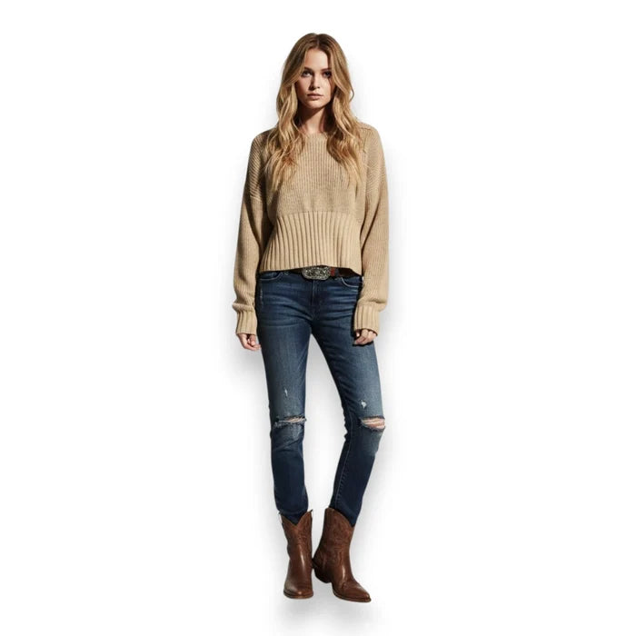 women's Tan Long Sleeve Rib Knit Crop Sweater with oversized fit and high crew neckline large
