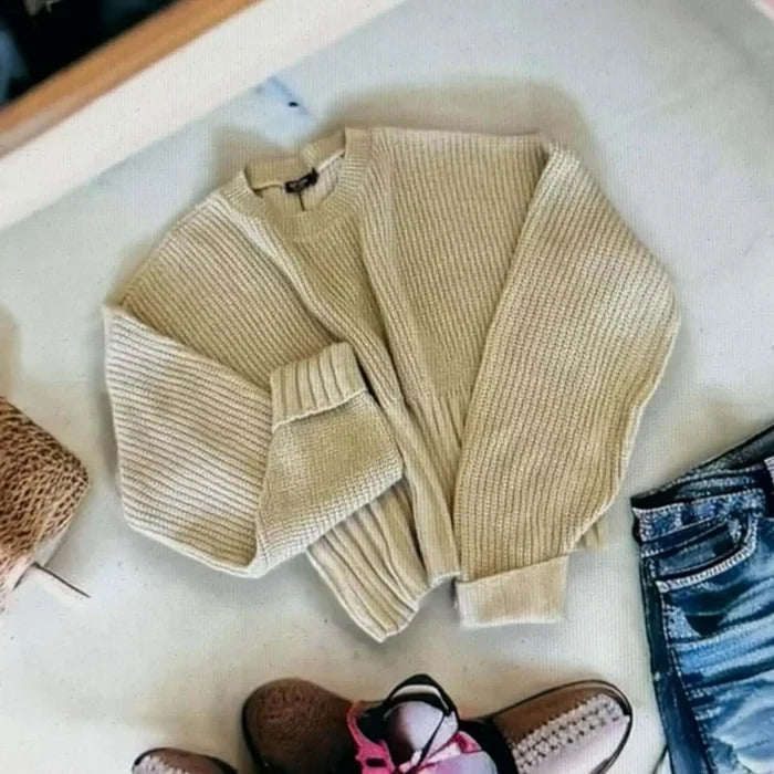 women's Tan Long Sleeve Rib Knit Crop Sweater with oversized fit and high crew neckline large