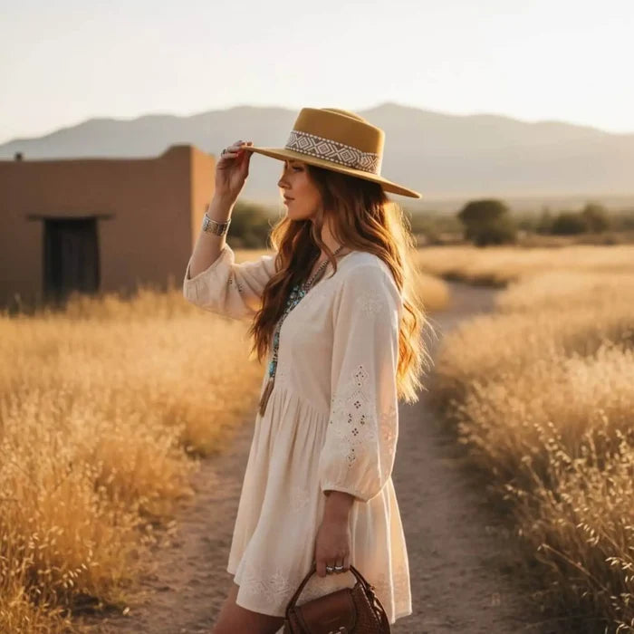 woman wearing Tan Round Crown Wide Brim Fedora with tribal band and structured felt brim for boho western festival styling
