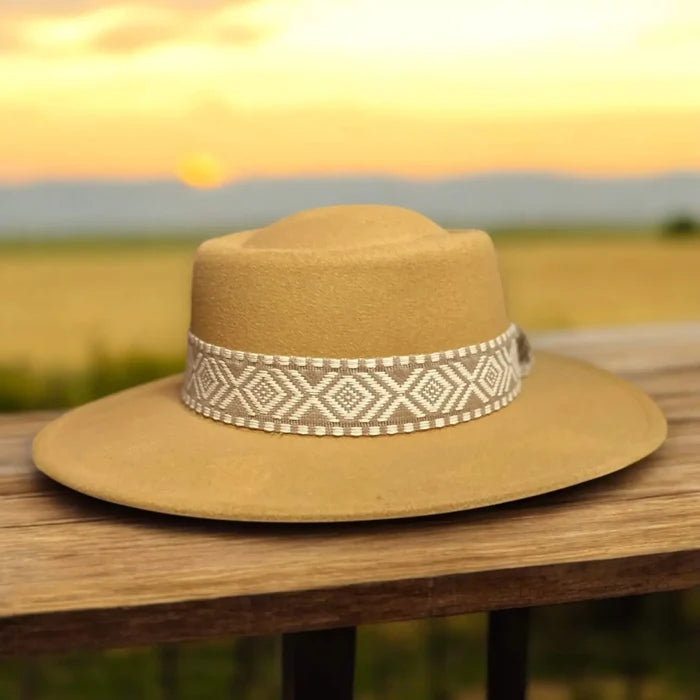 Tan Round Crown Wide Brim Fedora with tribal band and structured felt brim for boho western festival styling
